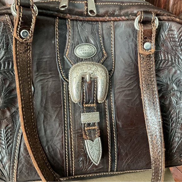 American West Tooled Dark Brown Leather Shoulder Bag Purse - Picture 1 of 9